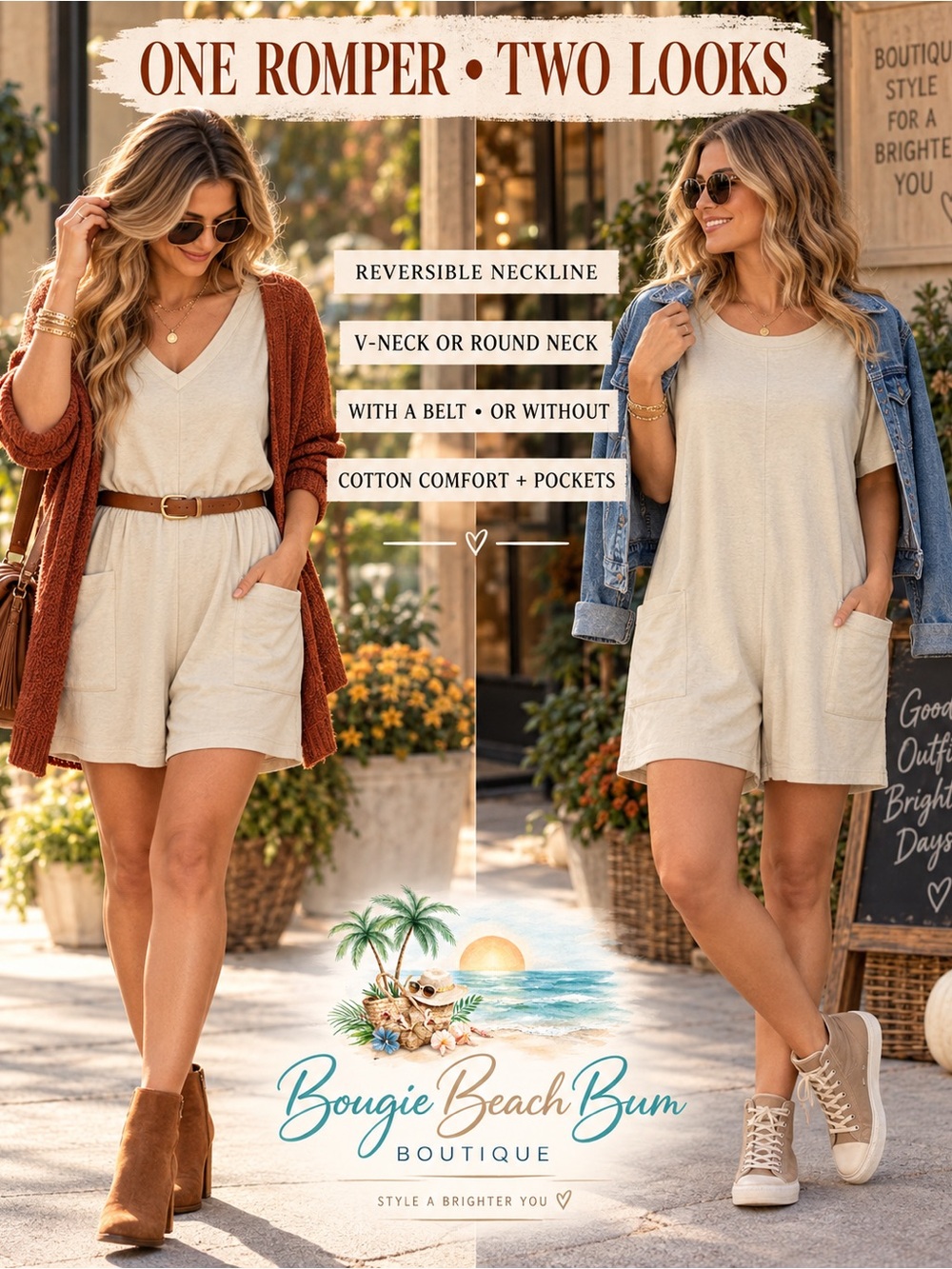 Zenana Outfitters Cream Reversible-Neck Romper with Pockets